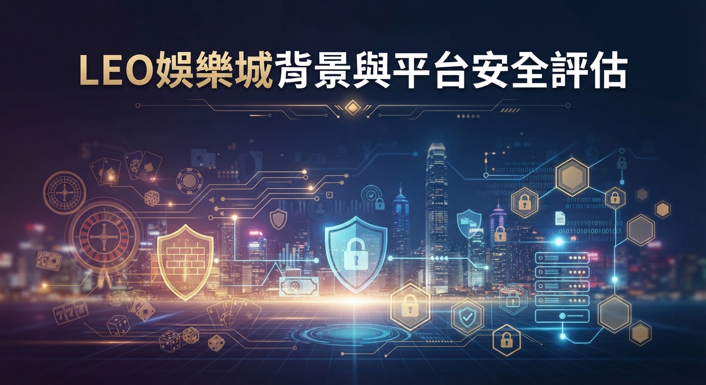 這是一張以「LEO娛樂城背景與平台安全評估」為主題的科技風格圖片。 畫面融合了數位城市背景、安全防護盾牌與資訊網絡圖標,突顯平台安全性的核心概念。