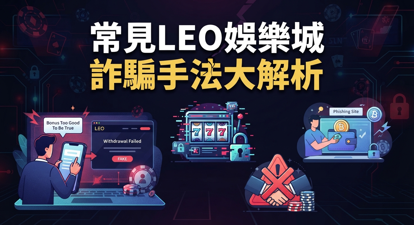 這張圖片的主題為「常見LEO娛樂城詐騙手法大解析」,並透過科技感與警示元素的插圖來突顯網路安全與防範詐騙的重要性。 畫面中結合了虛擬賭場符號、提款失敗畫面及網路安全標誌,精準呼應了分析詐騙手法的核心內容。