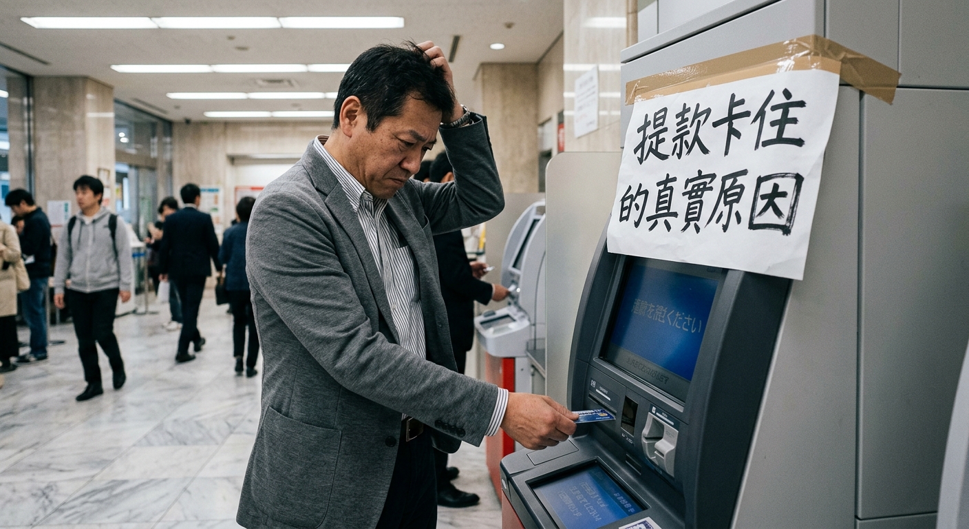 這張圖片展示了一位男士在採光良好的銀行大廳使用提款機,他一手按著頭部,露出困惑與無奈的表情。 提款機上方粘貼著一張白紙告示,上面印有醒目的黑色繁體中文標題:「提款卡住的真實原因」。