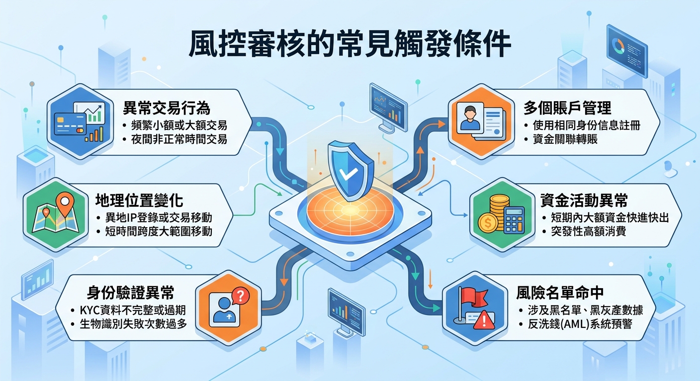 一張展示風控審核常見觸發條件的等角透視（Isometric）資訊圖表，中央為帶有藍色盾牌與雷達掃描的控制核心。 圖表周圍延伸出多個資訊區塊，搭配安全防護、地理定位、身份驗證與資金流向等圖示與條列說明。