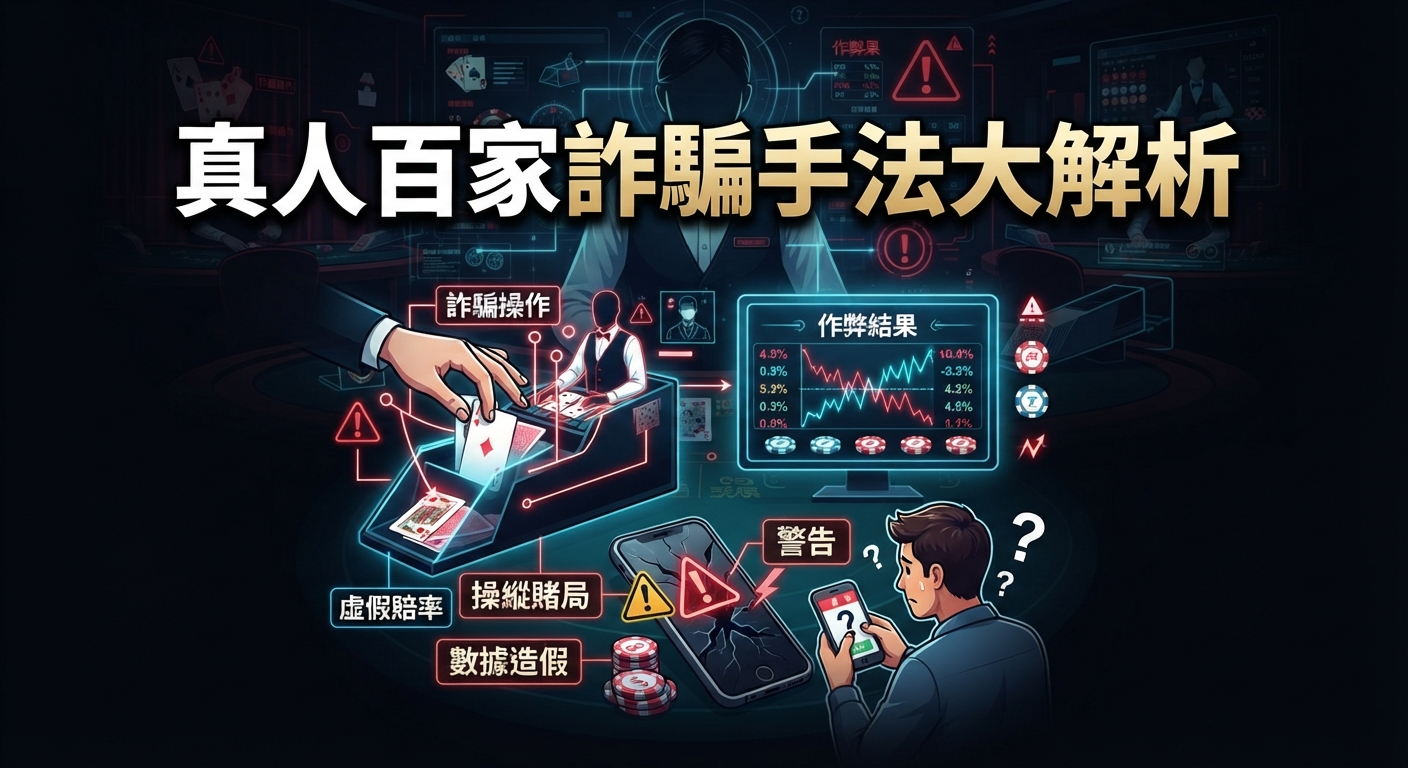 這張圖片解析了真人百家樂的詐騙手法。 畫面中展示了作弊操作、數據造假及警告標示。