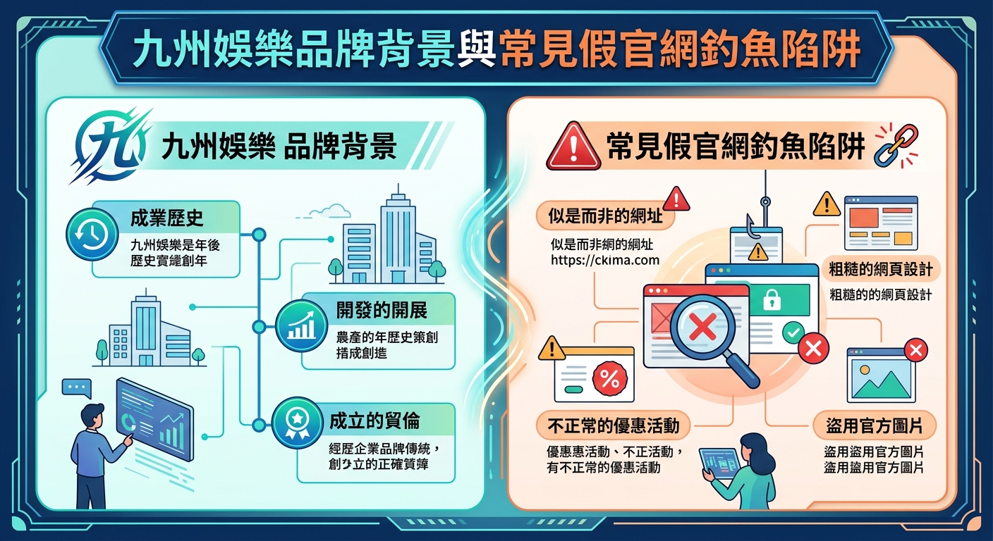 這張圖片採用雙欄對比的圖表設計，左側以藍綠色調呈現「九州娛樂」的品牌背景與歷史發展。 右側則以暖色調配合警告標籤與網頁圖示，詳細列出常見假官網的釣魚陷阱與特徵。