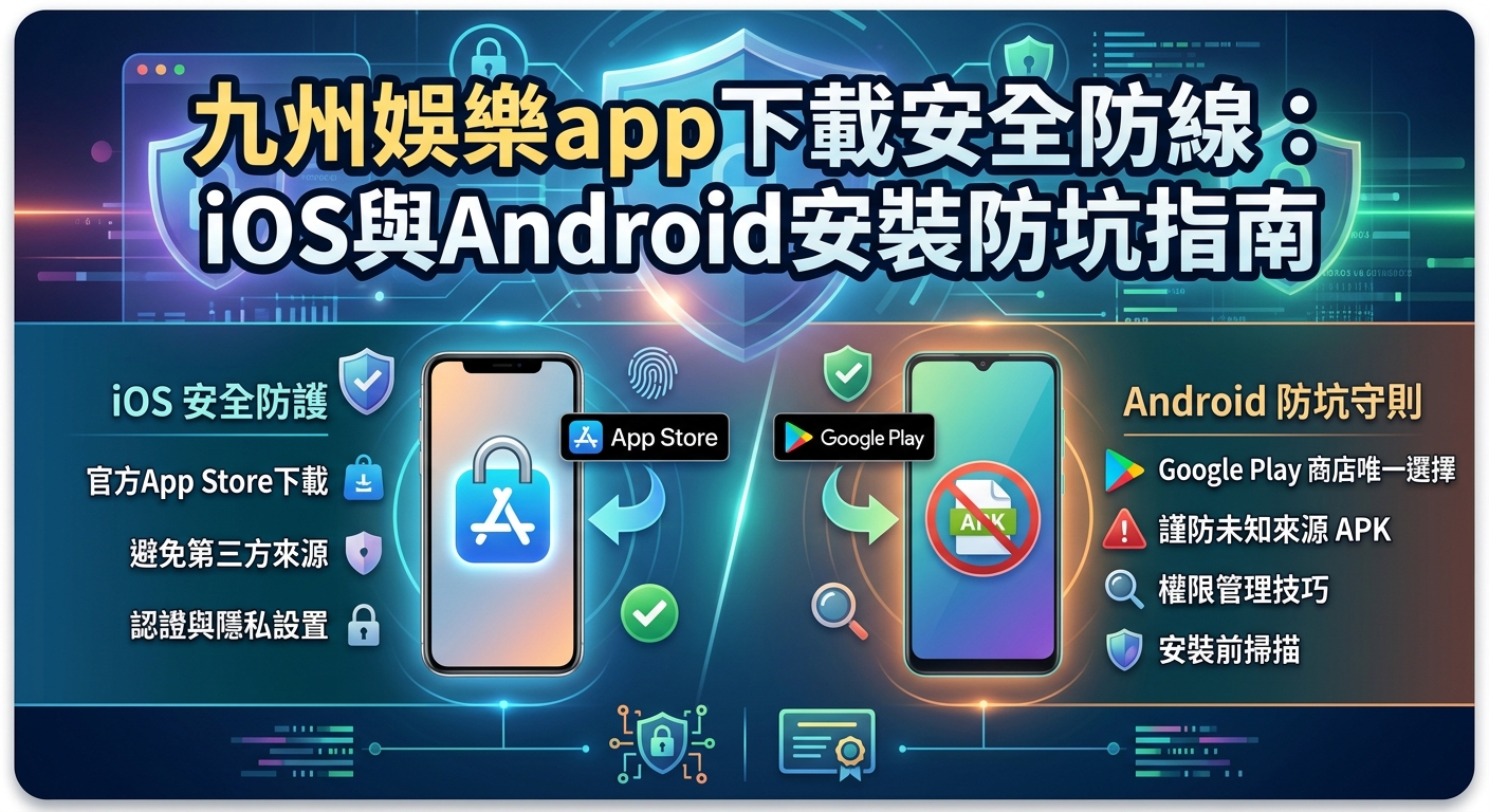 這張圖片展示了一份關於 iOS 與 Android 手機應用程式安裝的安全指南，畫面中央擺放著兩支智慧型手機，並結合了防護盾牌、安全鎖與軟體下載圖示。 整體採用深藍色與科技感的光效背景，上方以清晰的大字標示主題名稱，下方則條列出雙系統的安全防護與防坑注意事項。