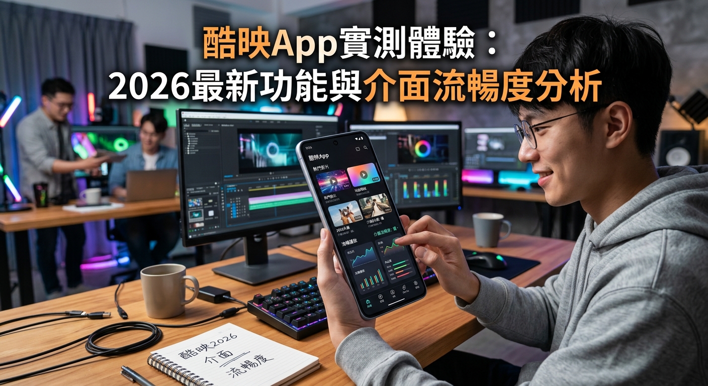 這張照片展示了一位年輕男子在科技感十足的工作室裡，專注地使用智慧型手機測試酷映App的最新介面與順暢度。 桌上擺放著專業螢幕、筆記本與影音剪輯設備，整體氛圍呈現出專業且現代的科技實測體驗。